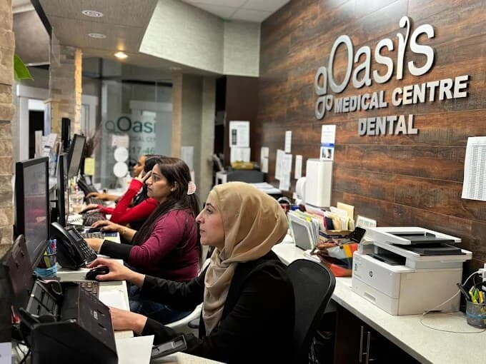 The welcoming front desk at Oasis Smile Dental in NE Calgary